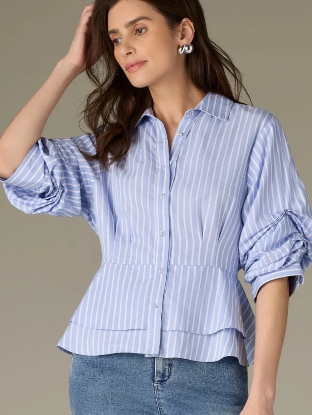 Wit & Wisdom Light Blue Striped Peplum Button-Up Blouse Top Pleated Sleeve Sz L